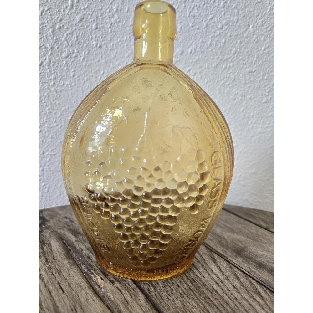 Vintage Empire Glass Works Grapes & Eagle Amber Glass Wine Bottle Flask Vase MCM